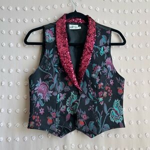 Angelica Vintage Floral Sequined Collar Button Front‎ Vest Sz 10 Black Magenta